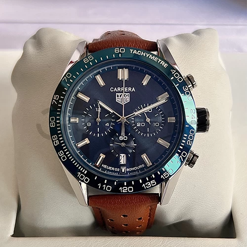 TAG HEUER CARRERA 02 BLUE DIAL CAMEL LEATHER STRAP