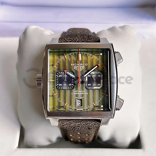 TAG HEUER MONACO CHRONOGRAPH GREEN DIAL CAMEL LEATHER STRAP