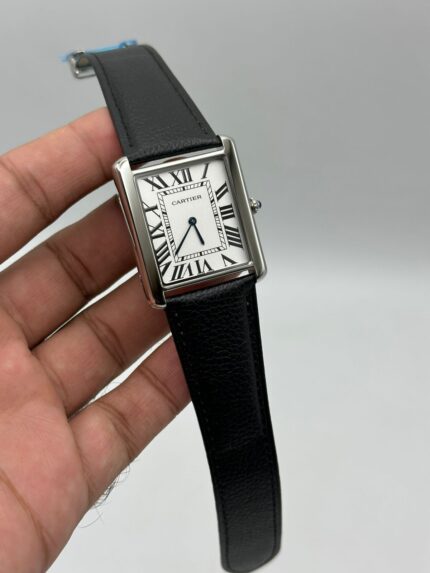 Cartier-Tank-White-Dial-Black-Leather-Strap-Silver
