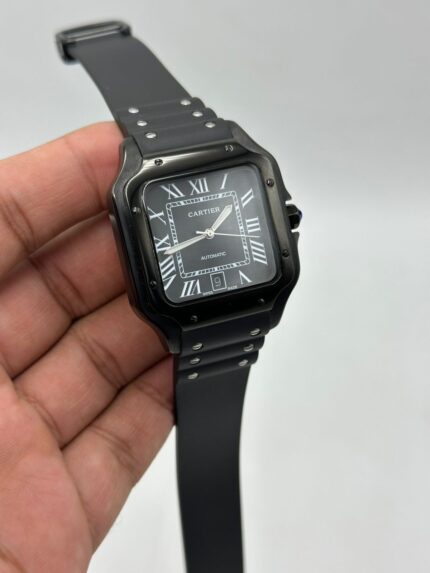Cartier-Santos-De-Black-Dial-Rubber-Strap-Full-Black