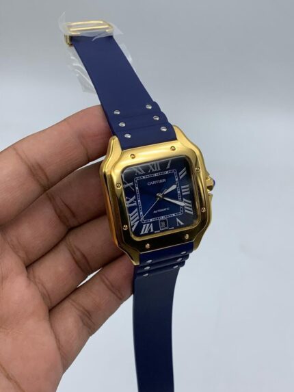 Cartier-Santos-De-Blue-Dial-Blue-Rubber-Strap-Gold