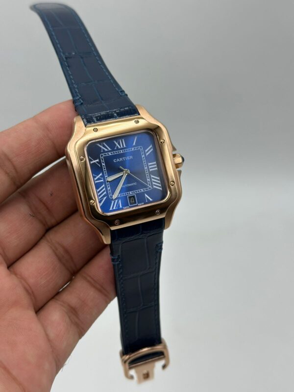Cartier-Santos-De-Blue-Dial-Blue-Leather-Strap-Rose-Gold