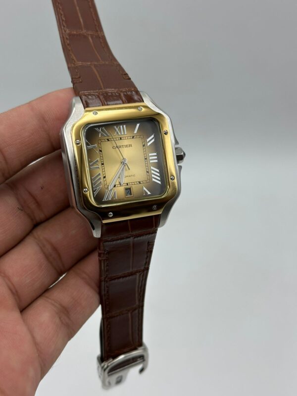 Cartier-Santos-De-Brown-Dial-Gold-Bazel-Brown-Leather-Strap