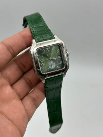 Cartier-Santos-De-Dual-Time-Green-Dial-Leather-Strap