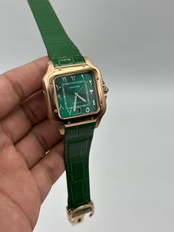 Cartier-Santos-De-Green-Dial-Green-Leather-Strap-Rose-Gold-Arabic