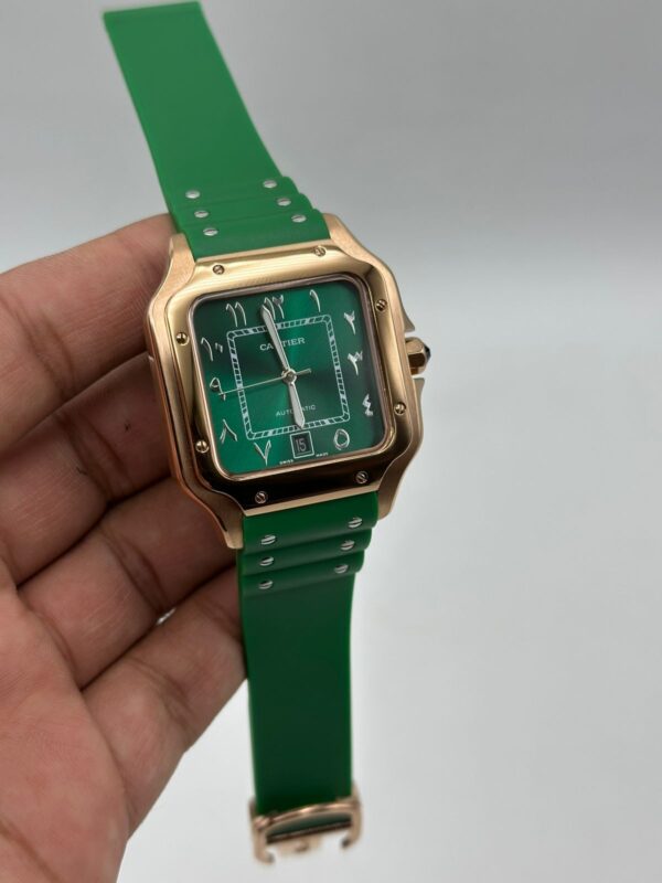 Cartier-Santos-De-Green-Dial-Green-Rubber-Strap-Rose-Gold-Arabic