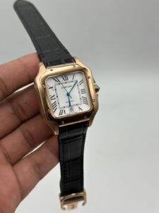 Cartier-Santos-De-White-Dial-Black-Leather-Strap-Rose-Gold