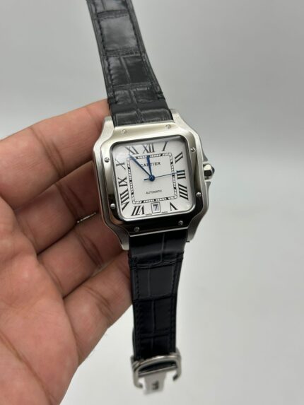 Cartier-Santos-De-White-Dial-Black-Leather-Strap