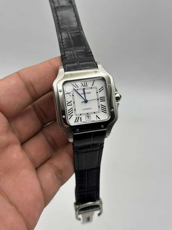 Cartier-Santos-De-White-Dial-Black-Leather-Strap