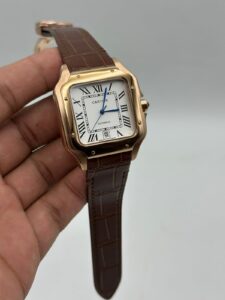Cartier-Santos-De-White-Dial-Brown-Leather-Strap-Rose-Gold