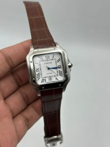 Cartier-Santos-De-White-Dial-Brown-Leather-Strap