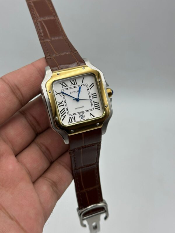 Cartier-Santos-De-White-Dial-Gold-Bazel-Brown-Leather-Strap