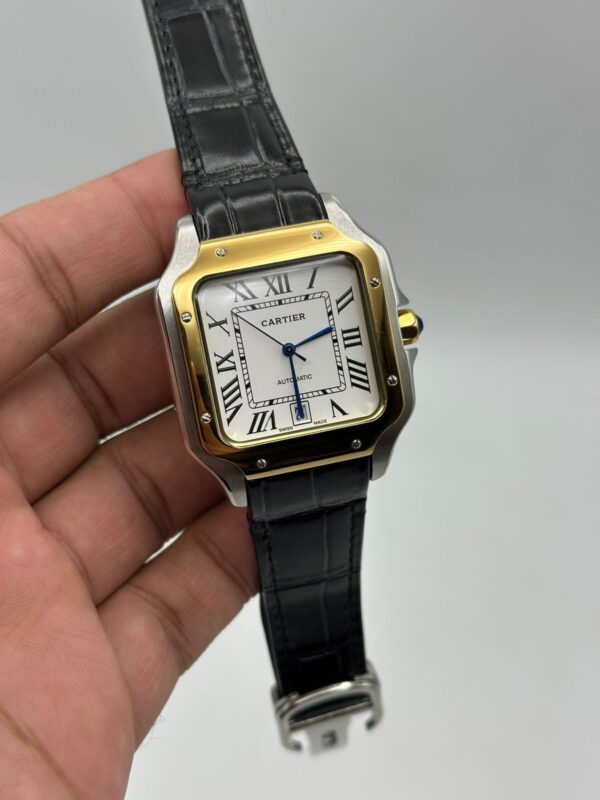 Cartier-Santos-De-White-Dial-Gold-Bazel-Black-Leather-Strap.