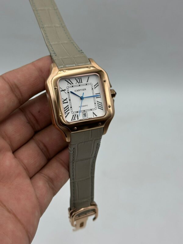 Cartier-Santos-De-White-Dial-Grey-Leather-Strap-Rose-Gold
