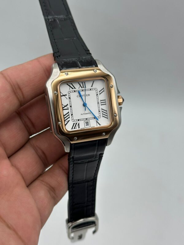Cartier-Santos-De-White-Dial-Rose-Gold-Bazel-Black-Leather-Strap