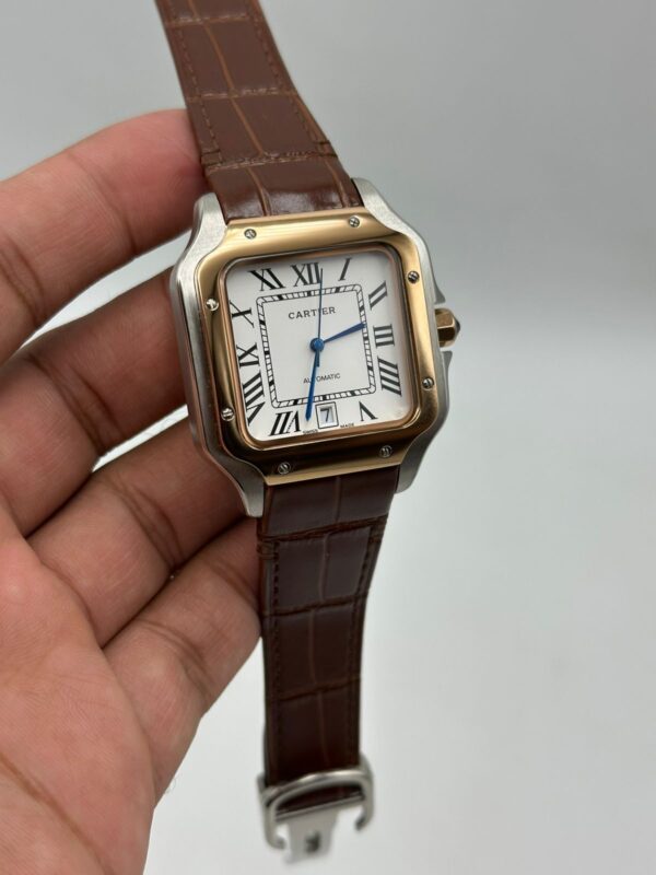 Cartier-Santos-De-White-Dial-Rose-Gold-Bazel-Brown-Leather-Strap