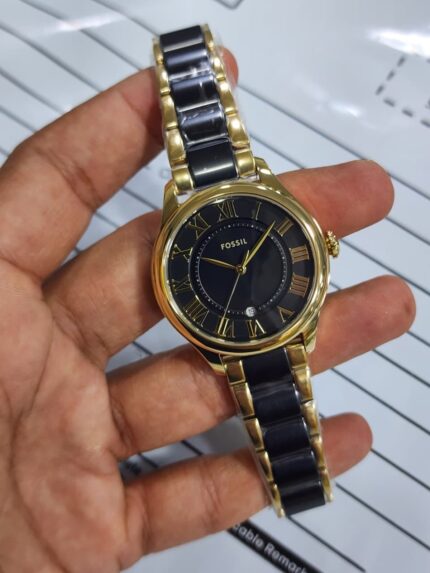 Fossil-Gilmore-Three-Hand-Date-Gold-Tone-&-Black-Ceramic-Watch-CE1132