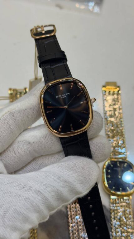 Patek-Phillipe-Ellipse-Black-Dial-Black-Leather-Strap-Rose-Gold