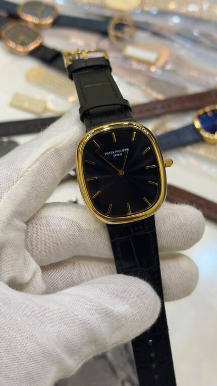 Patek-Phillipe-Ellipse-Black-Dial-Black-Leather-Strap-Gold