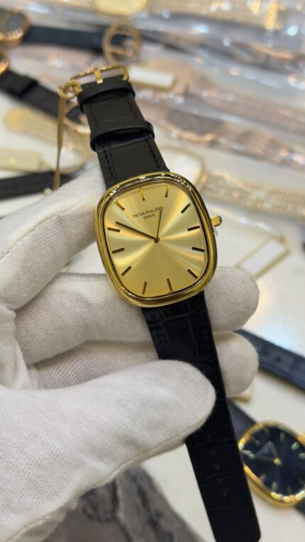 Patek-Phillipe-Ellipse-Gold-Dial-Black-Leather-Strap-Gold