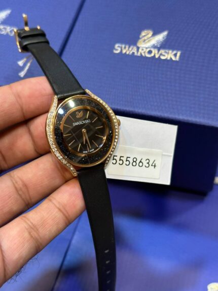 Swarovski-Crystalline-Aura-Black-Dial-Black-leather-Strap