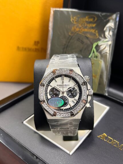 Audemars Piguet Royal Oak White Dial Black Chronograph Diamond Bazel Silver