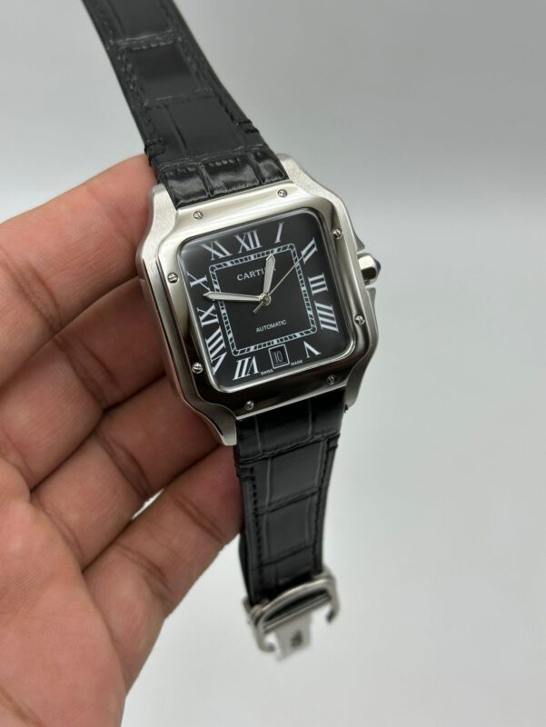 Cartier-Santos-De-Black-Dial-Black-Leather-Strap-Silver