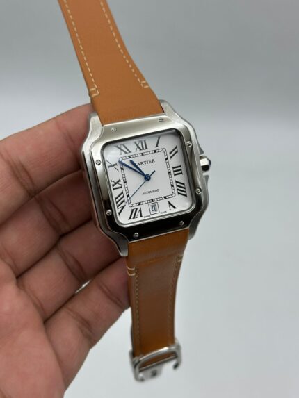 Cartier-Santos-De-White-Dial-Brown-Leather-Strap-Silver