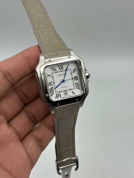 Cartier-Santos-De-White-Dial-Grey-Leather-Strap-Silver