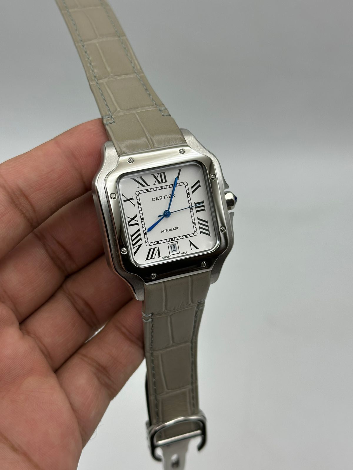 Cartier-Santos-De-White-Dial-Grey-Leather-Strap-Silver Cartier-Santos-De-White-Dial-Grey-Leather-Strap-Silver