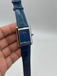 Cartier-Tank-Blue-Dial-Blue-Leather-Strap-Silver