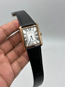 Cartier-Tank-White-Dial-Black-Leather-Strap-Rose-Gold