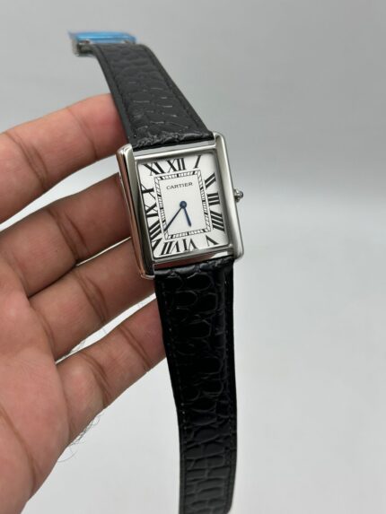 Cartier-Tank-White-Dial-Black-Leather-Strap-Silver