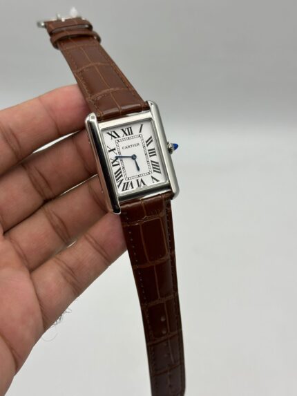 Cartier-Tank-White-Dial-Brown-Leather-Strap-Silver