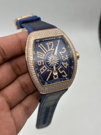 Franck-Muller-Rose-Gold-Stone-Case-Blue-Dial-Leather-Strap