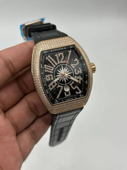 Franck-Muller-Rose-Gold-Stone-Case-Black-Dial-Leather-Strap