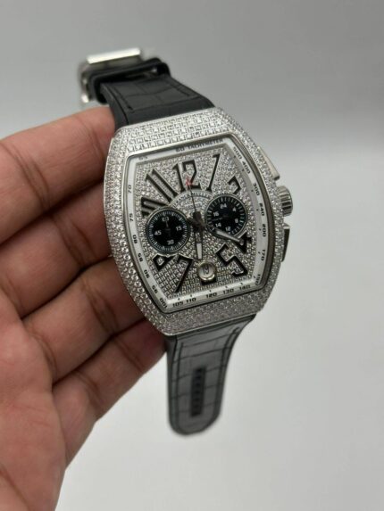 Franck-Muller-Vanguard-Chronograph-Silver-Dial-Stone's-Bazel-Leather-Strap