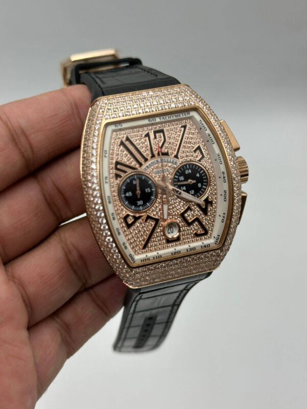 Franck-Muller-Vanguard-Chronograph-Rose-Gold-Dial-Stone's-Bazel-Leather-Strap