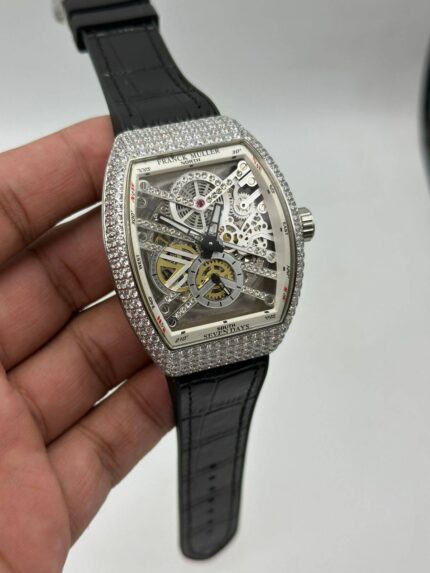 Franck-Muller-Vanguard-Skeleton-White-Dial-Stone's-Bezel-Rubber-Strap