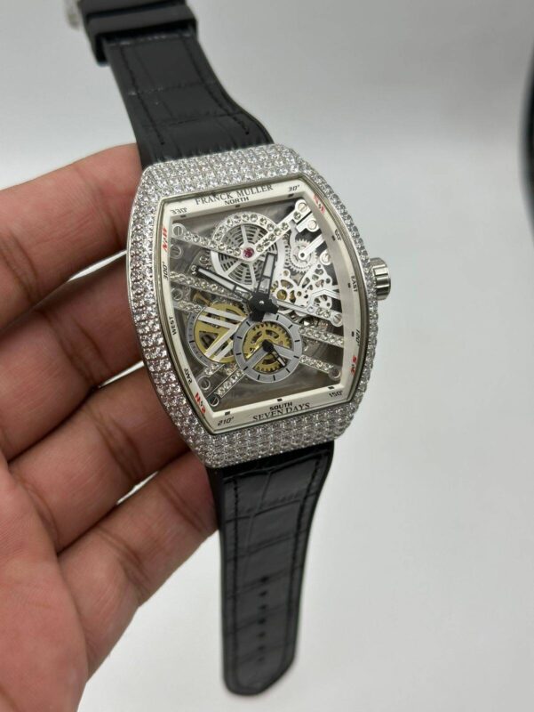Franck-Muller-Vanguard-Skeleton-White-Dial-Stone's-Bezel-Rubber-Strap