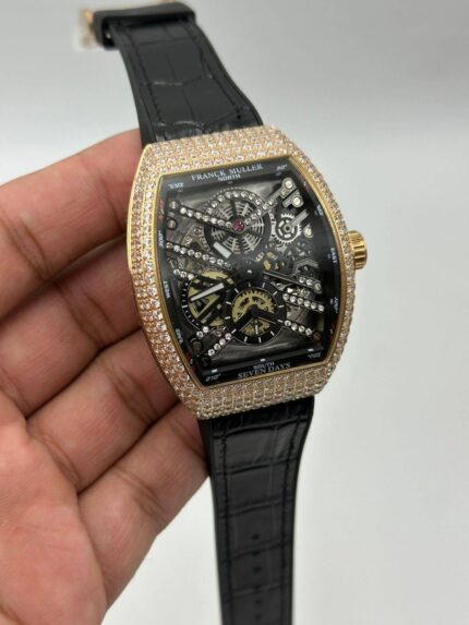 Franck-Muller-Vanguard-Skeleton-Black-Dial-Stone's-Bezel-Rubber-Strap