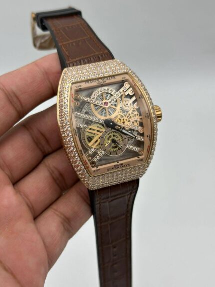 Franck-Muller-Vanguard-Skeleton-Black-Dial-Stone's-Bezel-Brown-Rubber-Strap