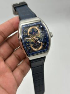 Franck-Muller-Vanguard-Yachting-Anchor-Skeleton-Blue-Dial-Leather-Strap