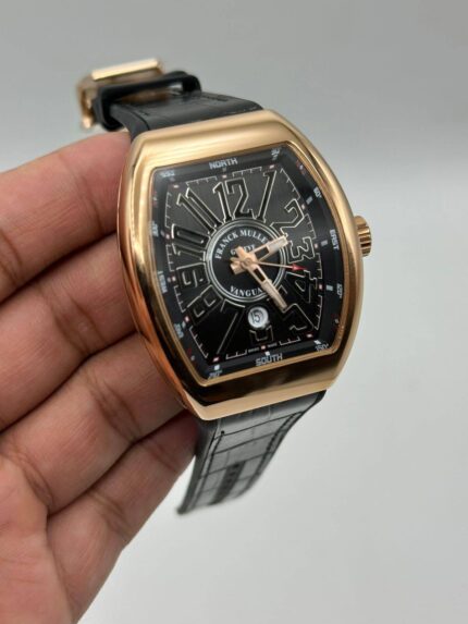 Franck-Muller-Vanguard-Yachting-Black-Dial-Leather-Strap-Rose-Gold