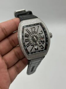 Franck-Muller-Vanguard-full-Diamond-Paved-Case-Dial-Black-Strap