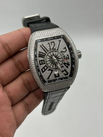 Franck-Muller-Vanguard-full-Diamond-Paved-Case-Dial-Black-Strap