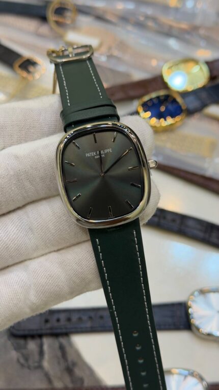 Patek-Phillipe-Ellipse-Olive-Green-Dial-Green-Leather-Strap-Silver