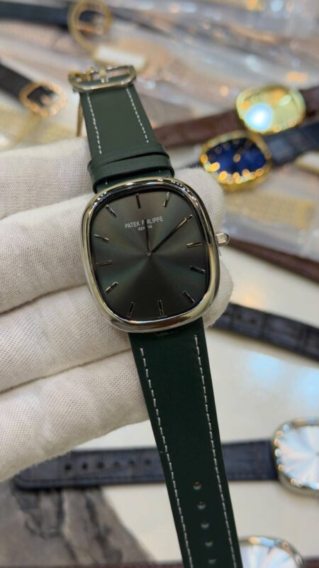 Patek-Phillipe-Ellipse-Olive-Green-Dial-Green-Leather-Strap-Silver