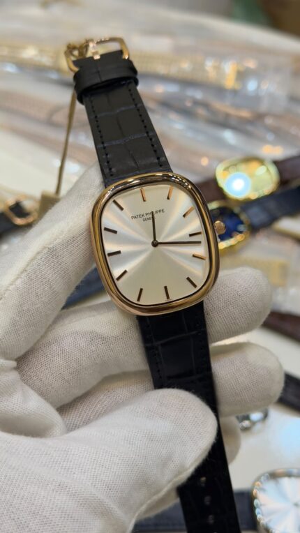 Patek-Phillipe-Ellipse-Silver-Dial-Black-Leather-Strap-Rose-Gold