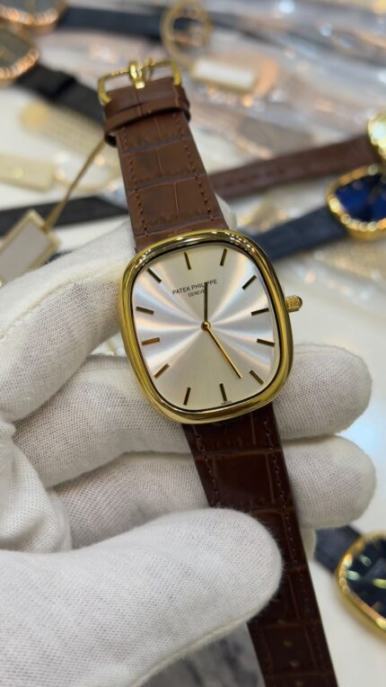 Patek-Phillipe-Ellipse-Silver-Dial-Brown-Leather-Strap-Gold